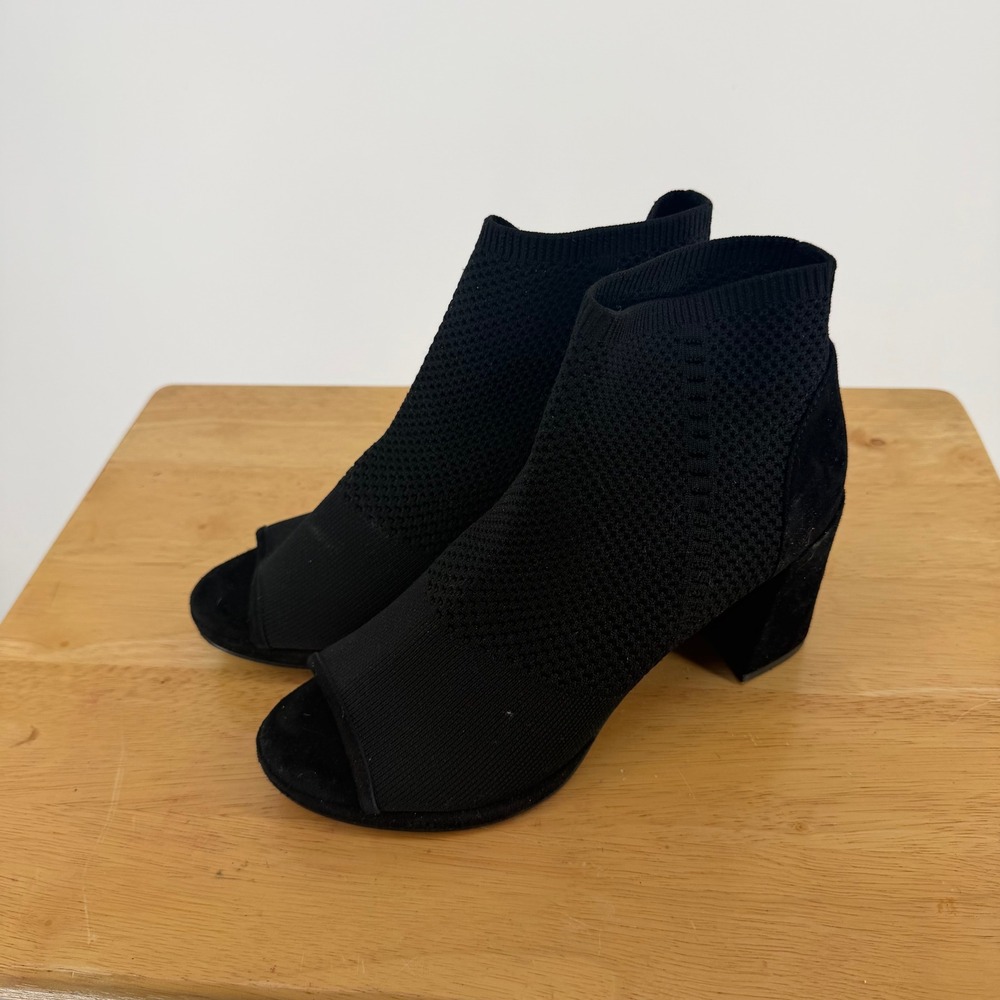 Eileen Fisher Peep Toe Sock Booties Womens 7.5 Black Block Heel Knit Minimalist